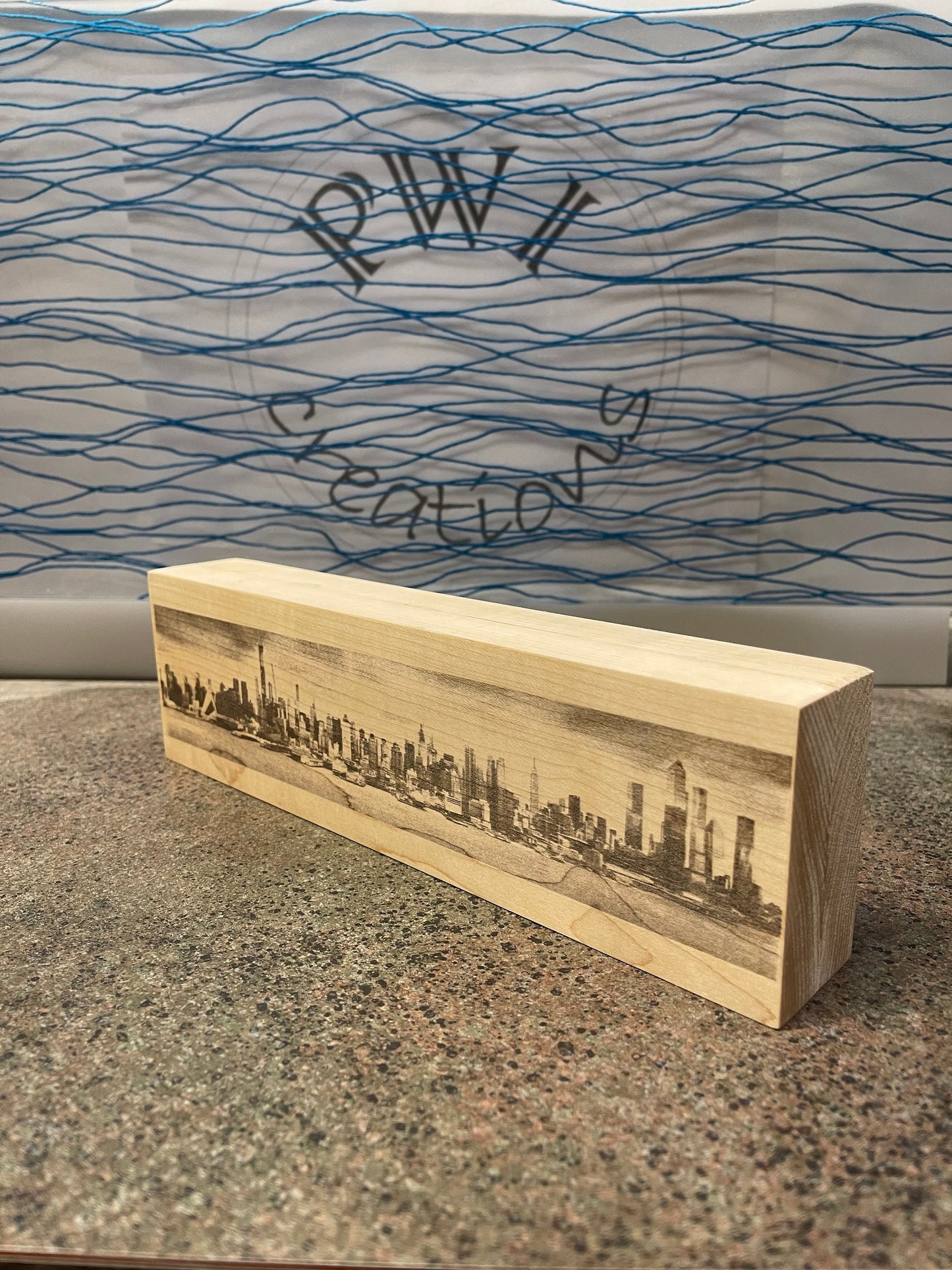 NYC Skyline laser engraved on wood block