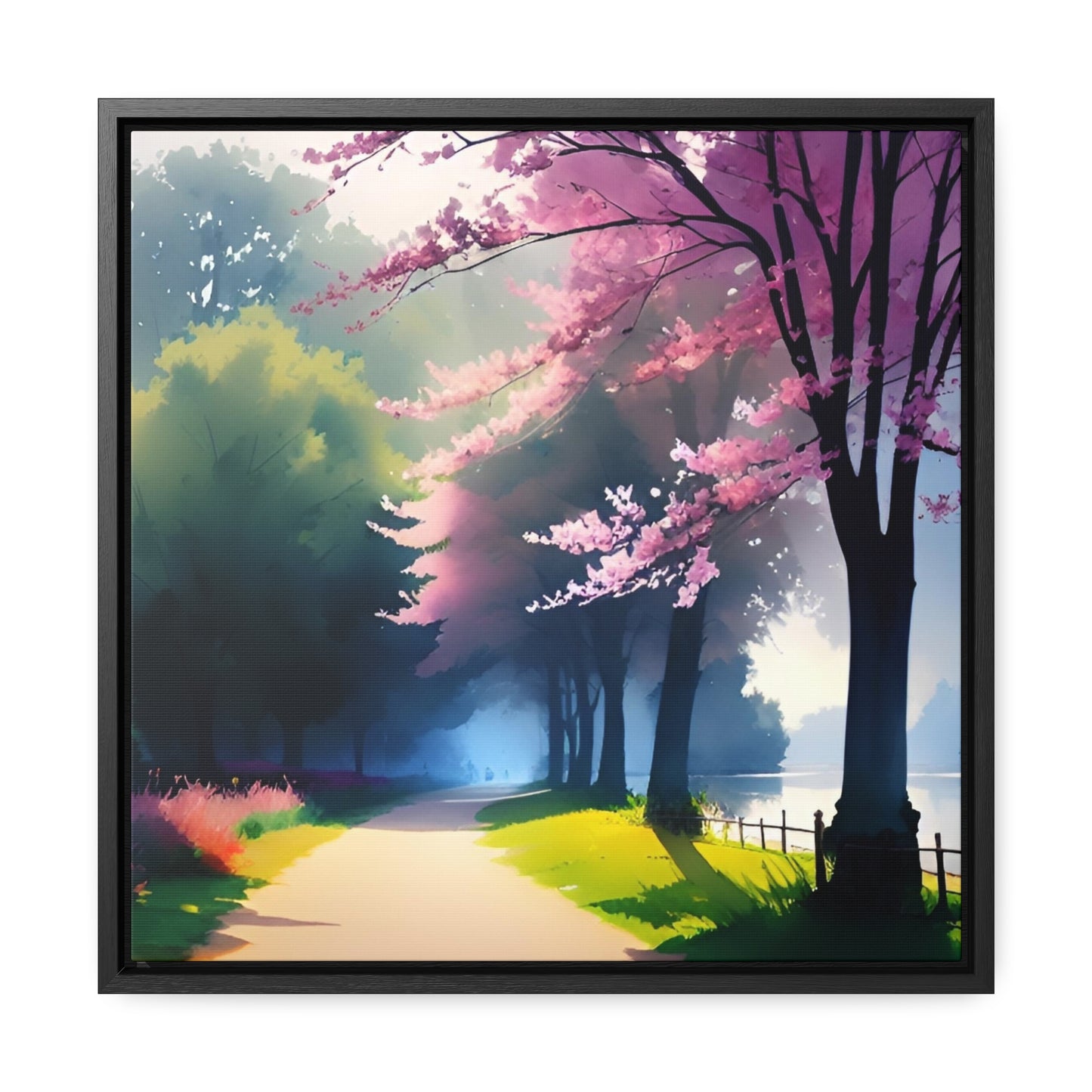 Watercolor of a scenic flowering wooded path next to a pond digitally created.
