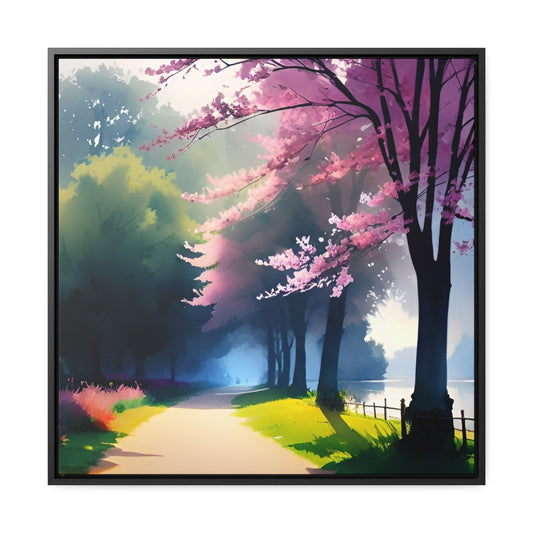 Watercolor of a scenic flowering wooded path next to a pond digitally created.