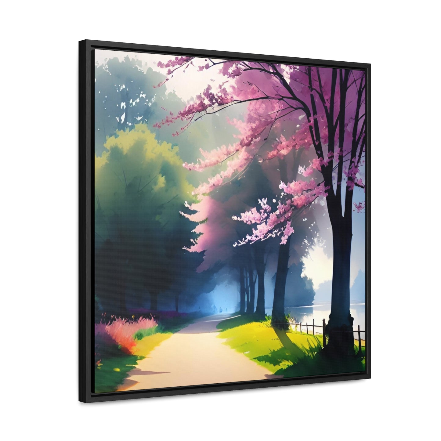 Watercolor of a scenic flowering wooded path next to a pond digitally created.