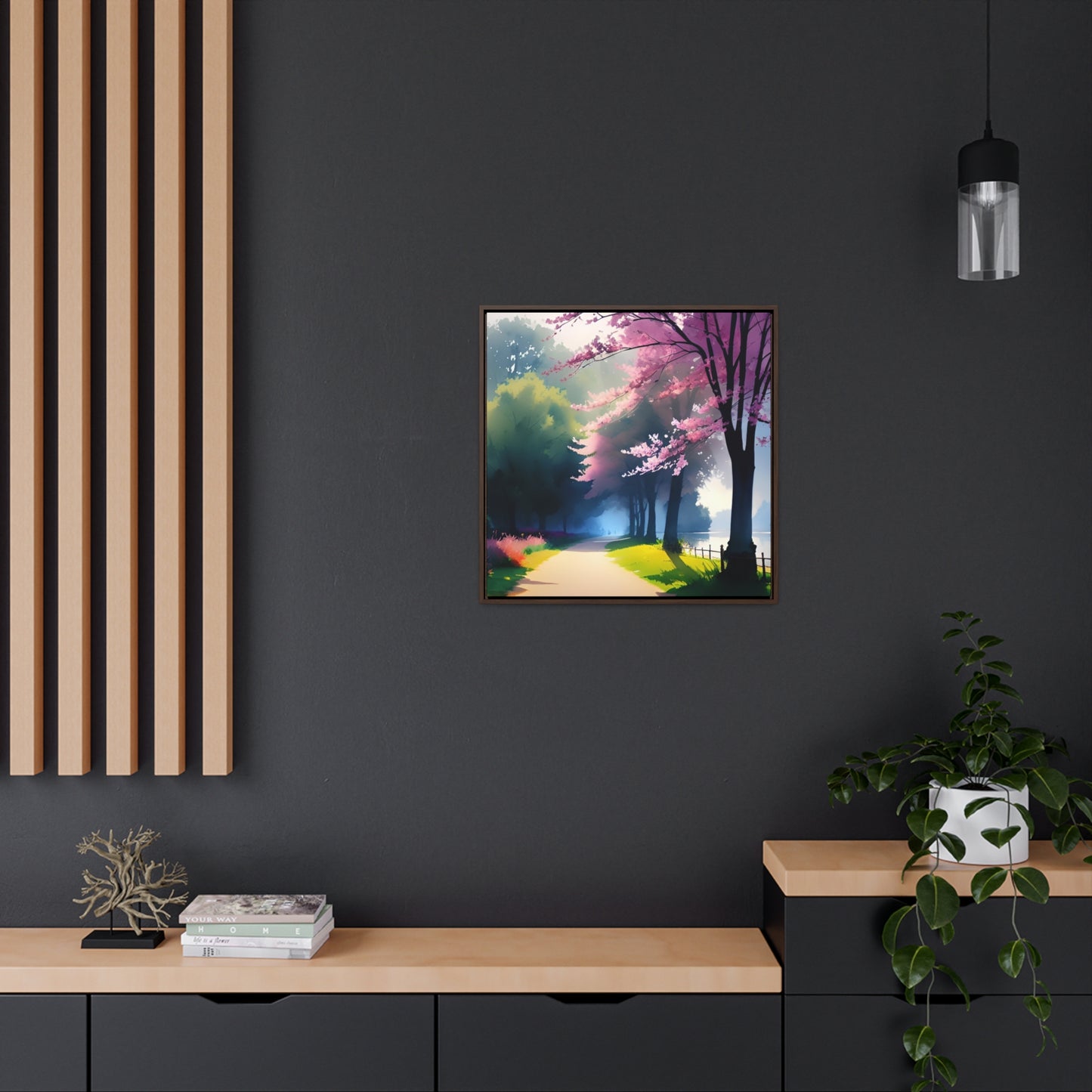 Watercolor of a scenic flowering wooded path next to a pond digitally created.