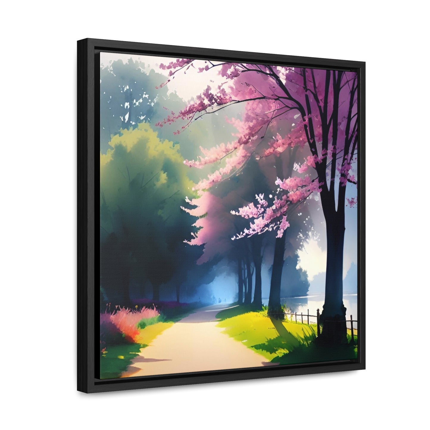 Watercolor of a scenic flowering wooded path next to a pond digitally created.