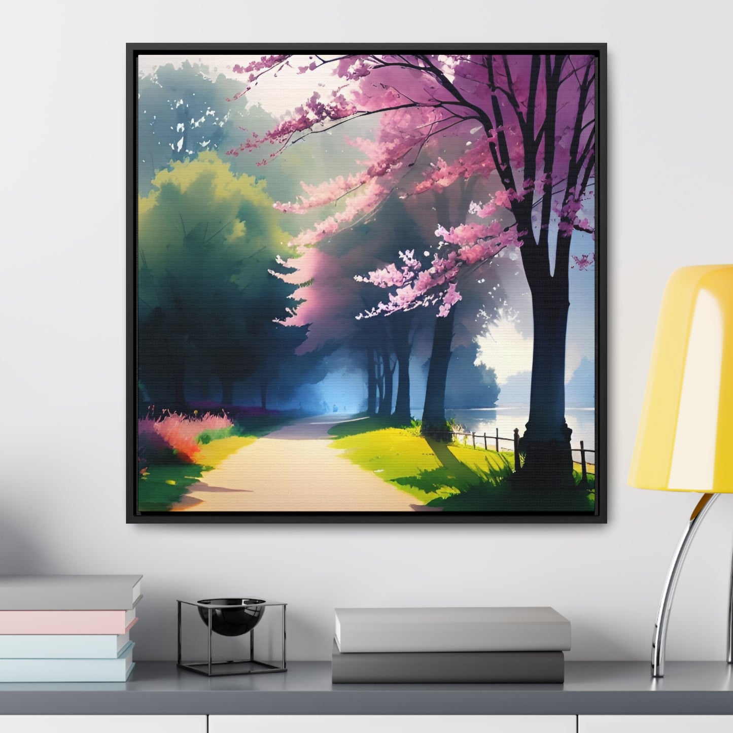 Watercolor of a scenic flowering wooded path next to a pond digitally created.