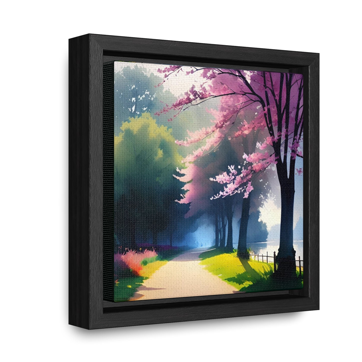 Watercolor of a scenic flowering wooded path next to a pond digitally created.