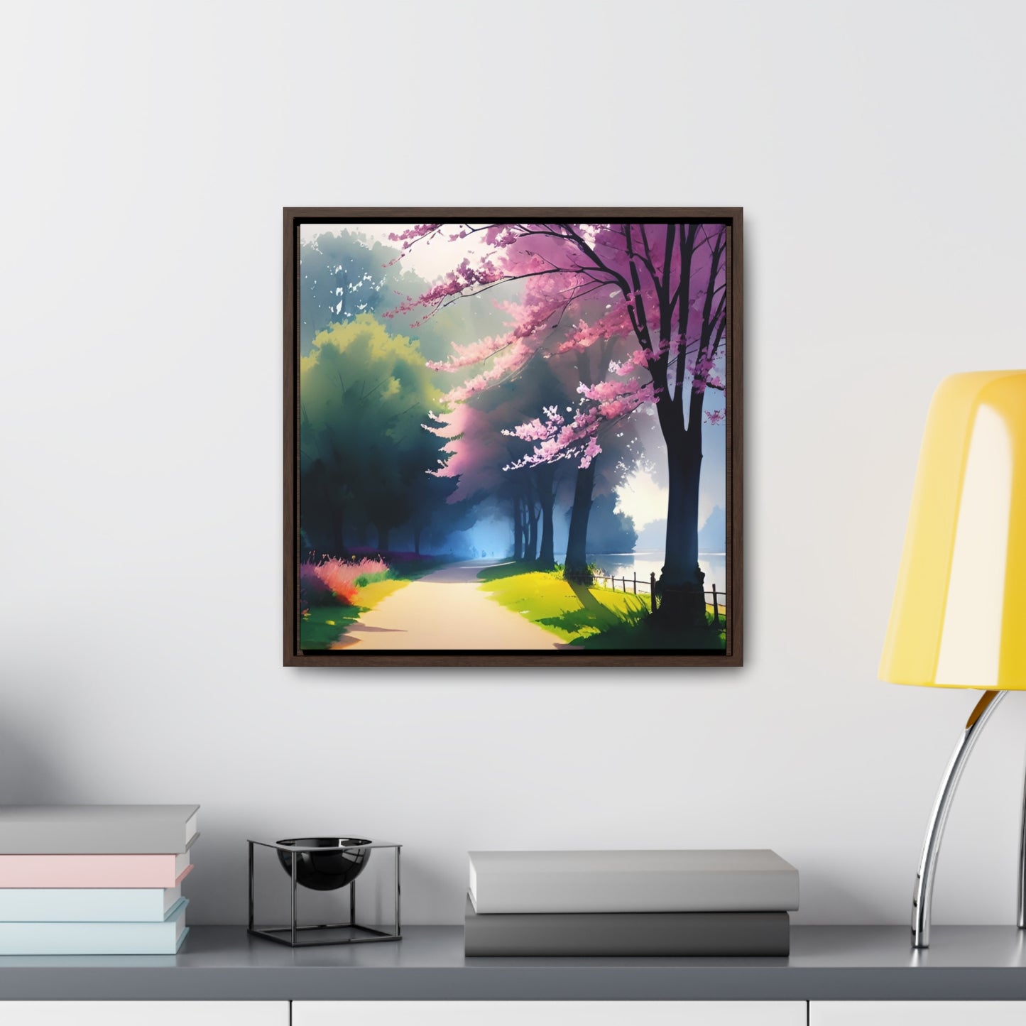 Watercolor of a scenic flowering wooded path next to a pond digitally created.