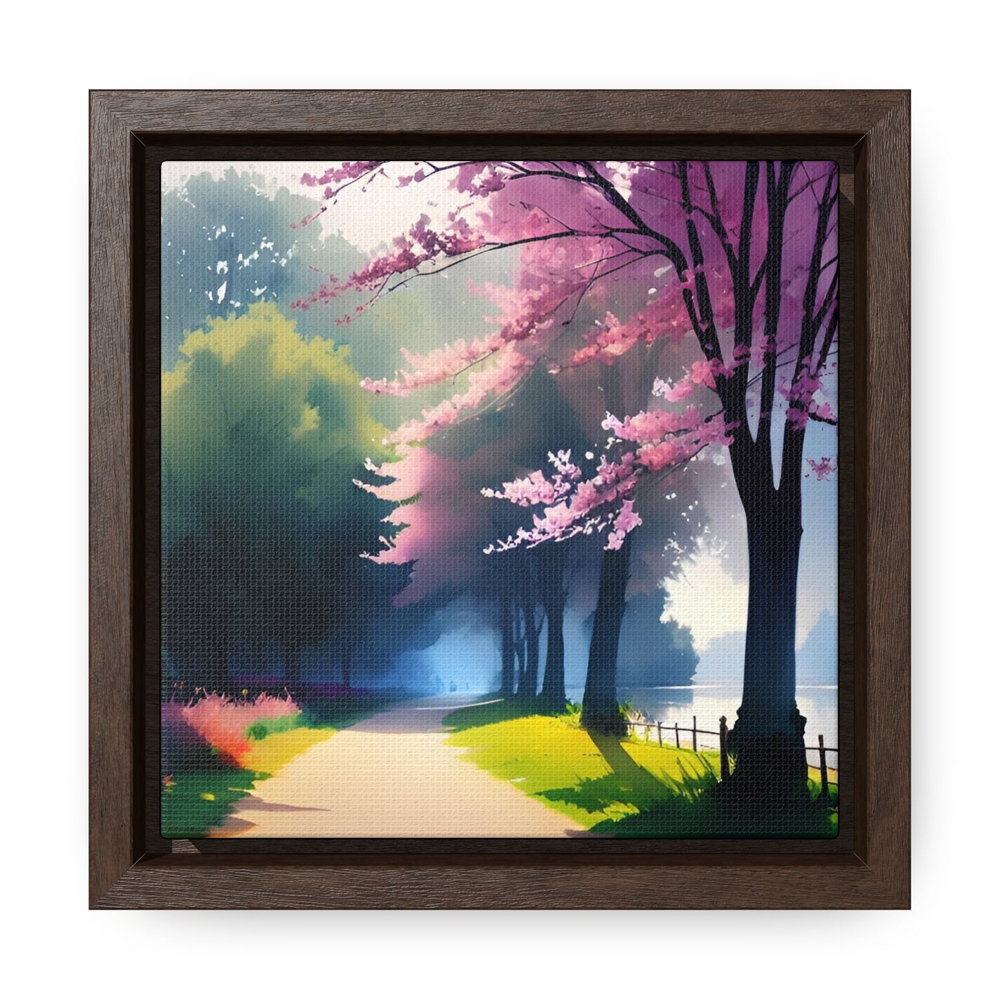 Watercolor of a scenic flowering wooded path next to a pond digitally created.