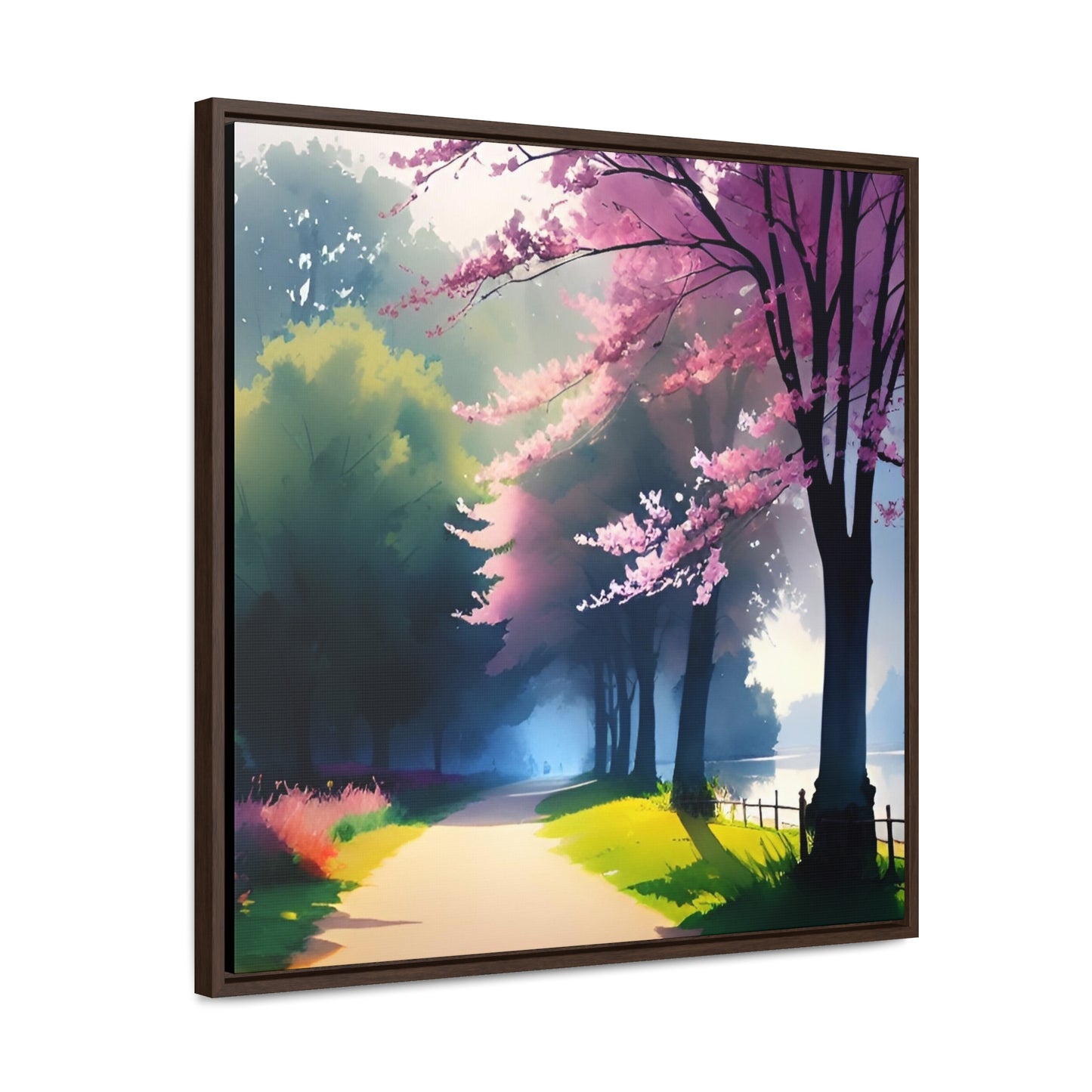 Watercolor of a scenic flowering wooded path next to a pond digitally created.