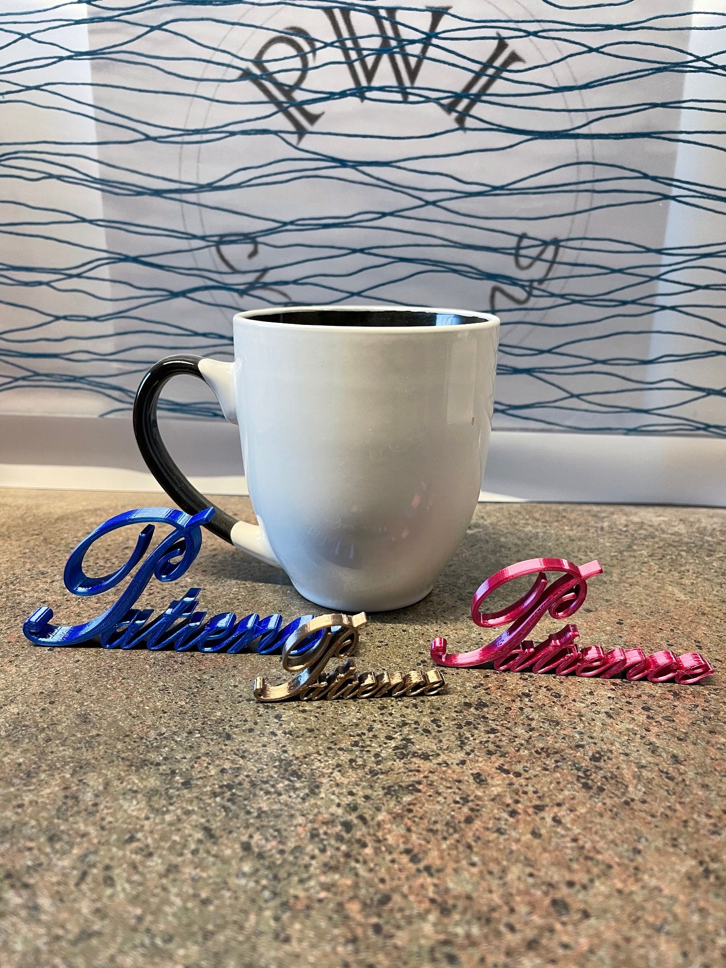 3d printed script "Patience" decoration