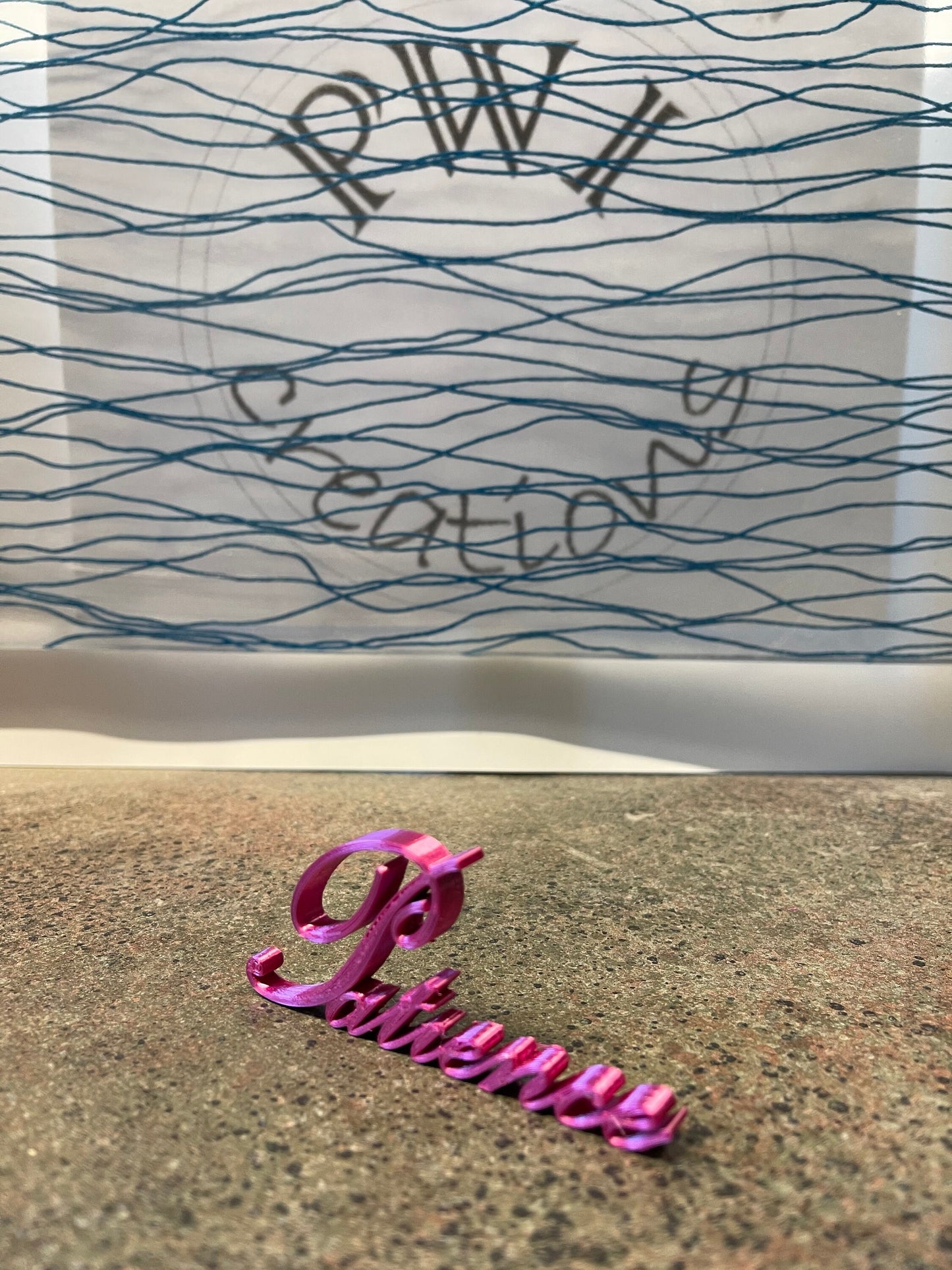 3d printed script "Patience" decoration