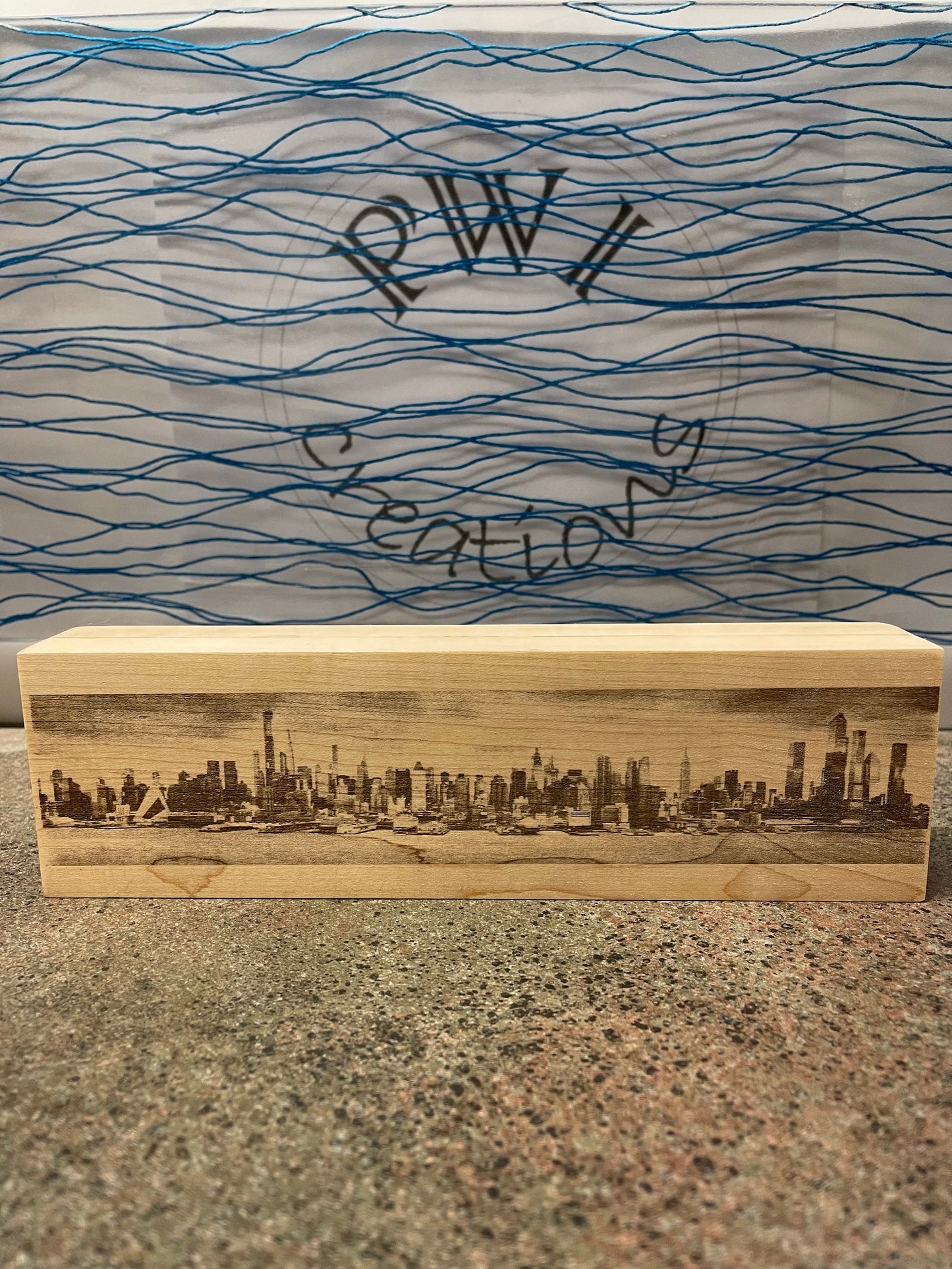 NYC Skyline laser engraved on wood block