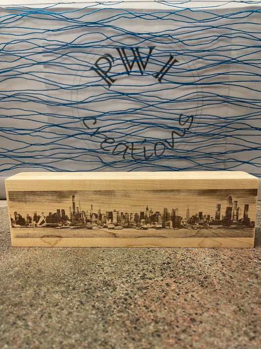 NYC Skyline laser engraved on wood block