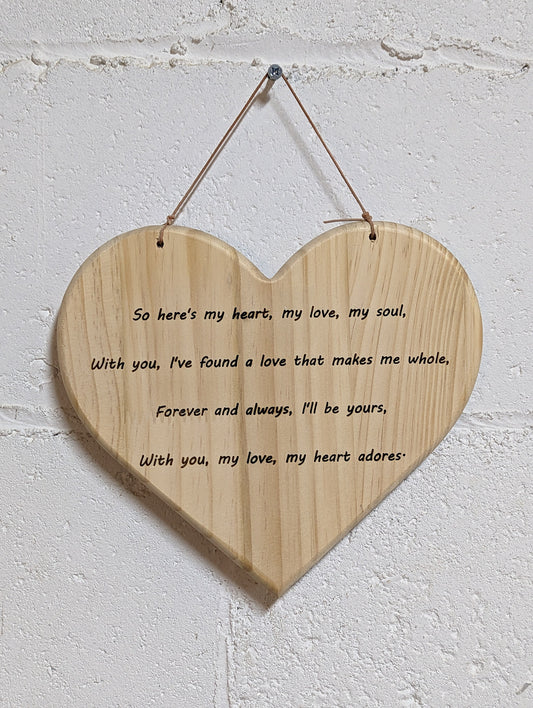 9-inch-wide solid wood heart with romantic poem